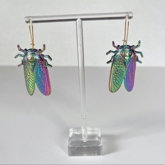 Cicada rainbow metal drop earrings iridescent bohemian - Picture 4 of 4
